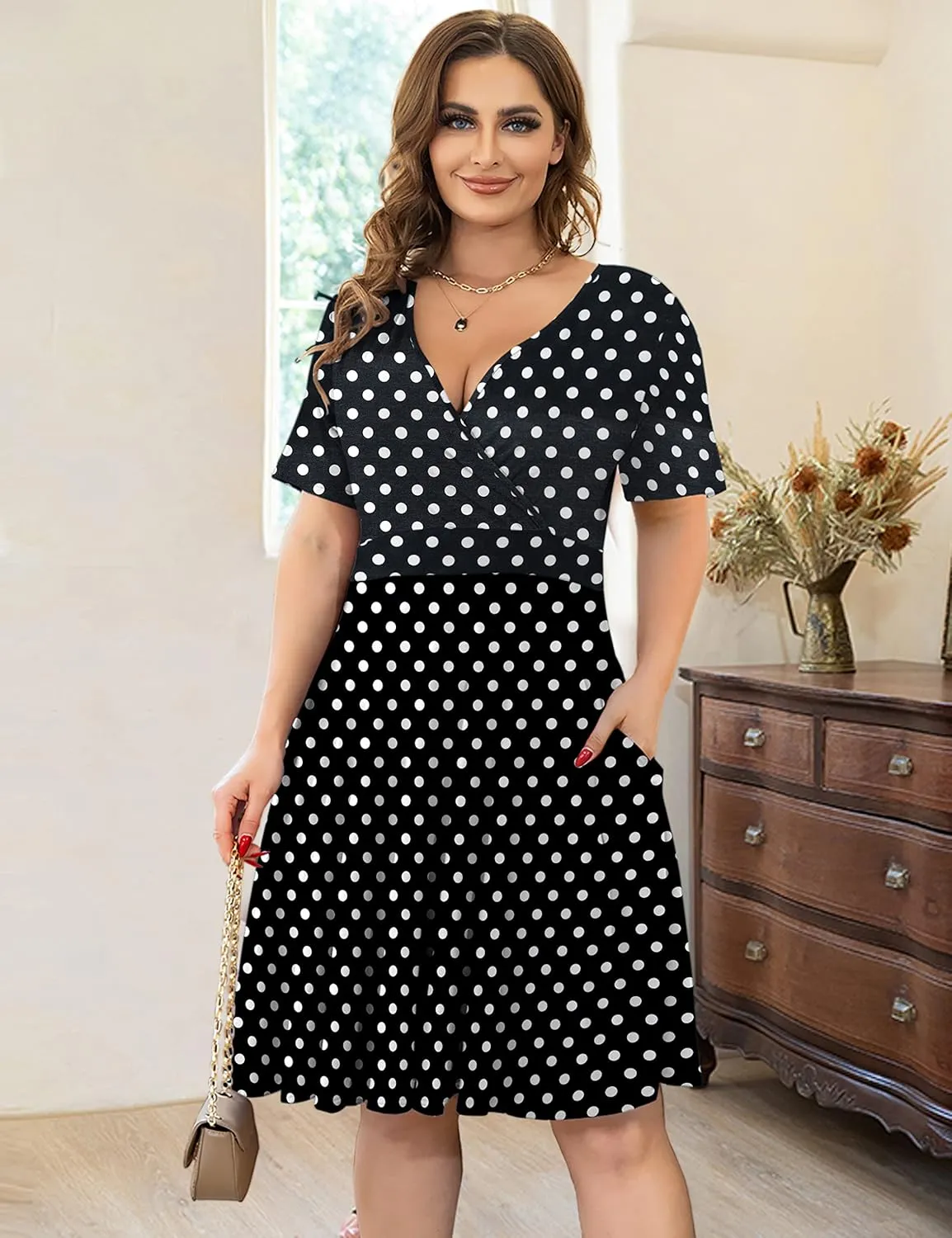 Ahlaray Womens Plus Size Dresses Short Sleeve Faux Wrap Causal Swing Dress with Pockets, L-4XL