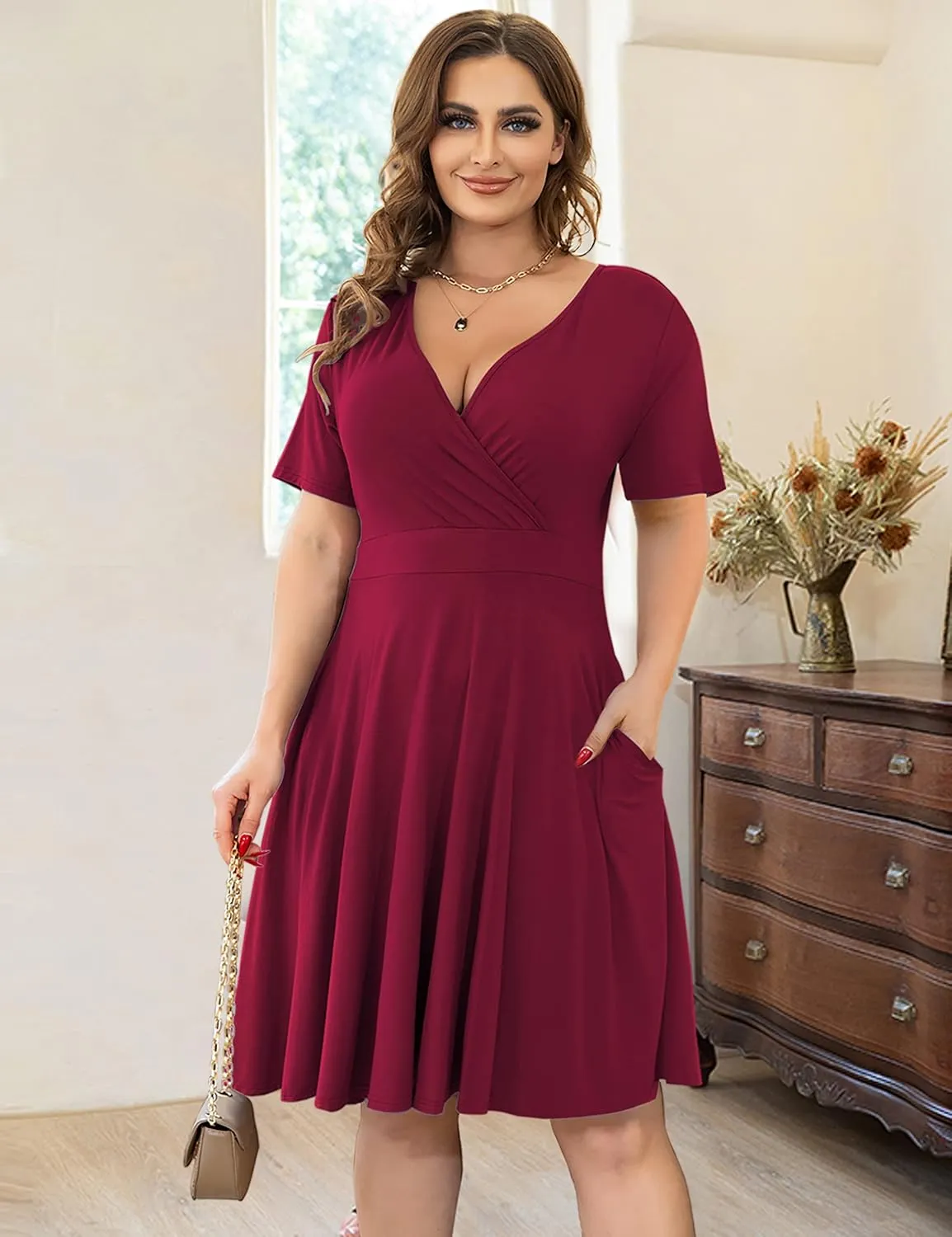 Ahlaray Womens Plus Size Dresses Short Sleeve Faux Wrap Causal Swing Dress with Pockets, L-4XL
