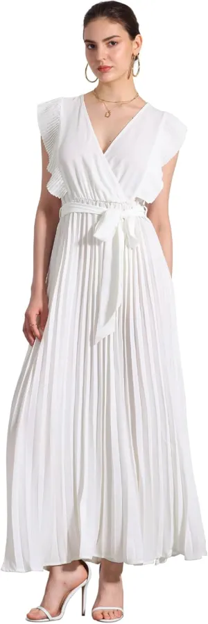Allegra K Maxi Dresses for Women's Ruffled Sleeve V Neck Wrap Pleated Dress