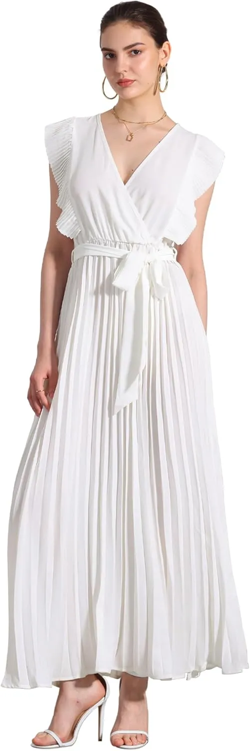 Allegra K Maxi Dresses for Women's Ruffled Sleeve V Neck Wrap Pleated Dress