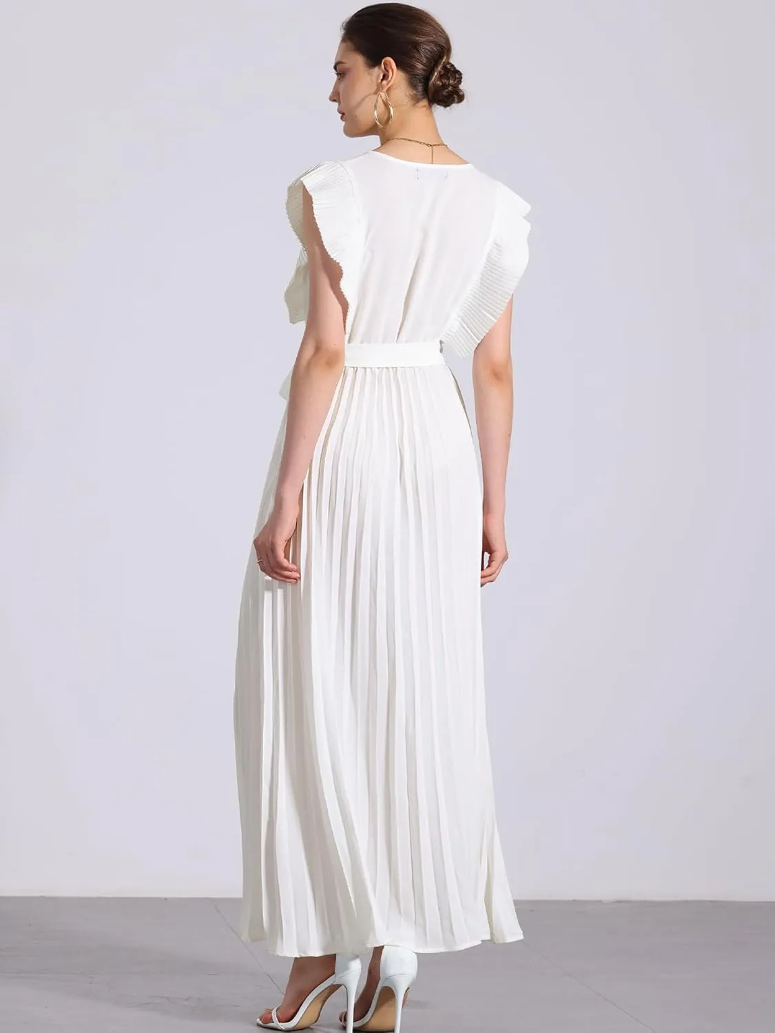 Allegra K Maxi Dresses for Women's Ruffled Sleeve V Neck Wrap Pleated Dress