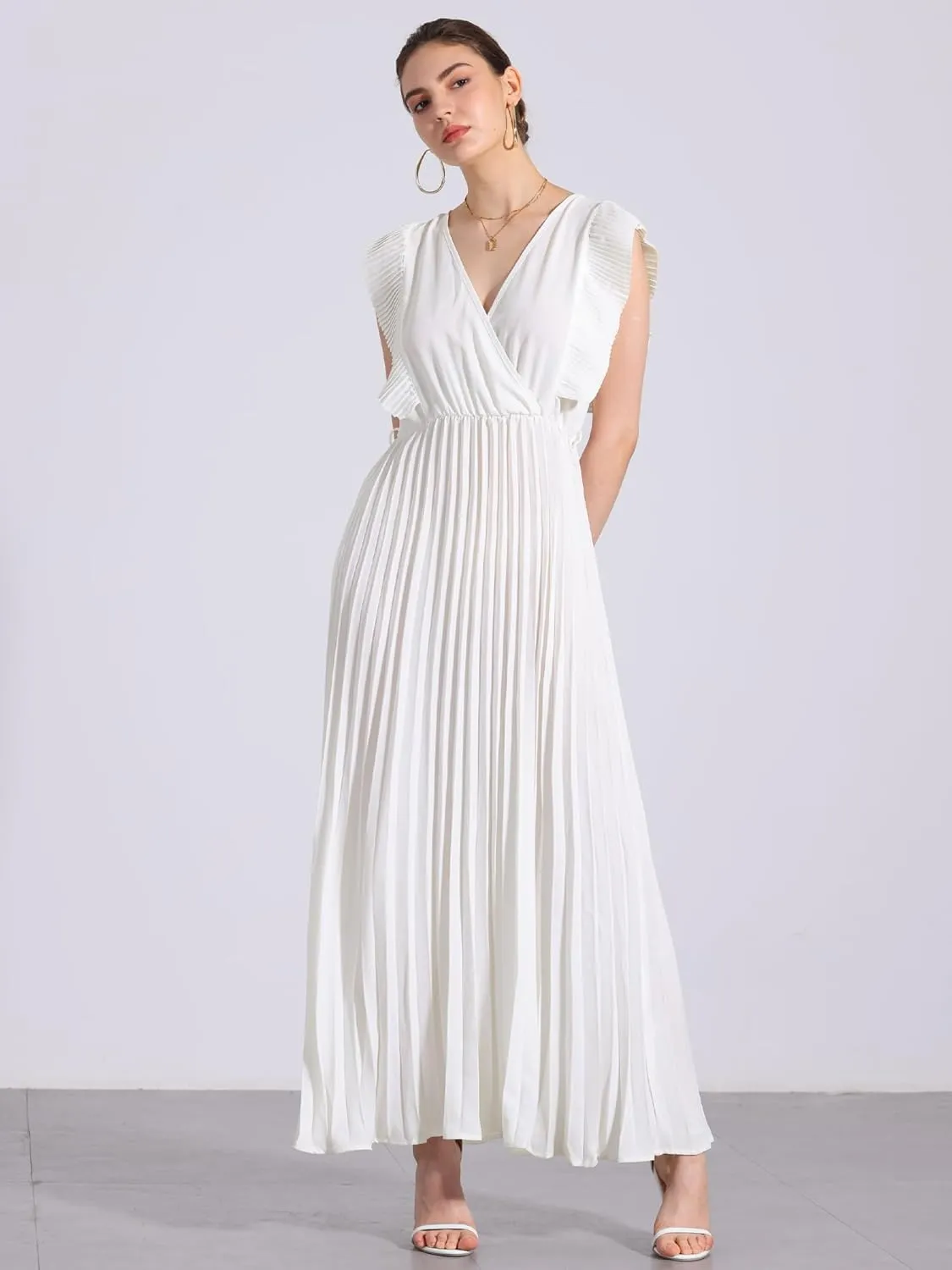 Allegra K Maxi Dresses for Women's Ruffled Sleeve V Neck Wrap Pleated Dress