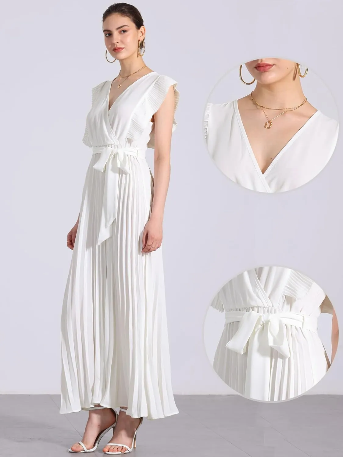 Allegra K Maxi Dresses for Women's Ruffled Sleeve V Neck Wrap Pleated Dress