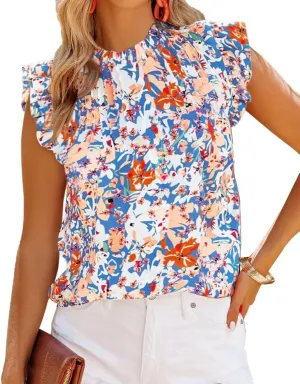 Allimy Women Summer Ruffle Trim Neckline Tank Tops Double Lined Chiffon Blouses