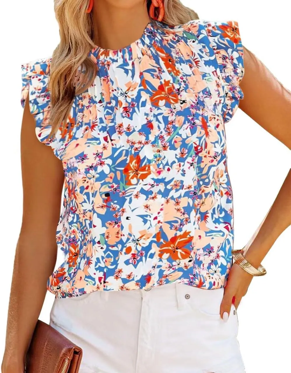 Allimy Women Summer Ruffle Trim Neckline Tank Tops Double Lined Chiffon Blouses