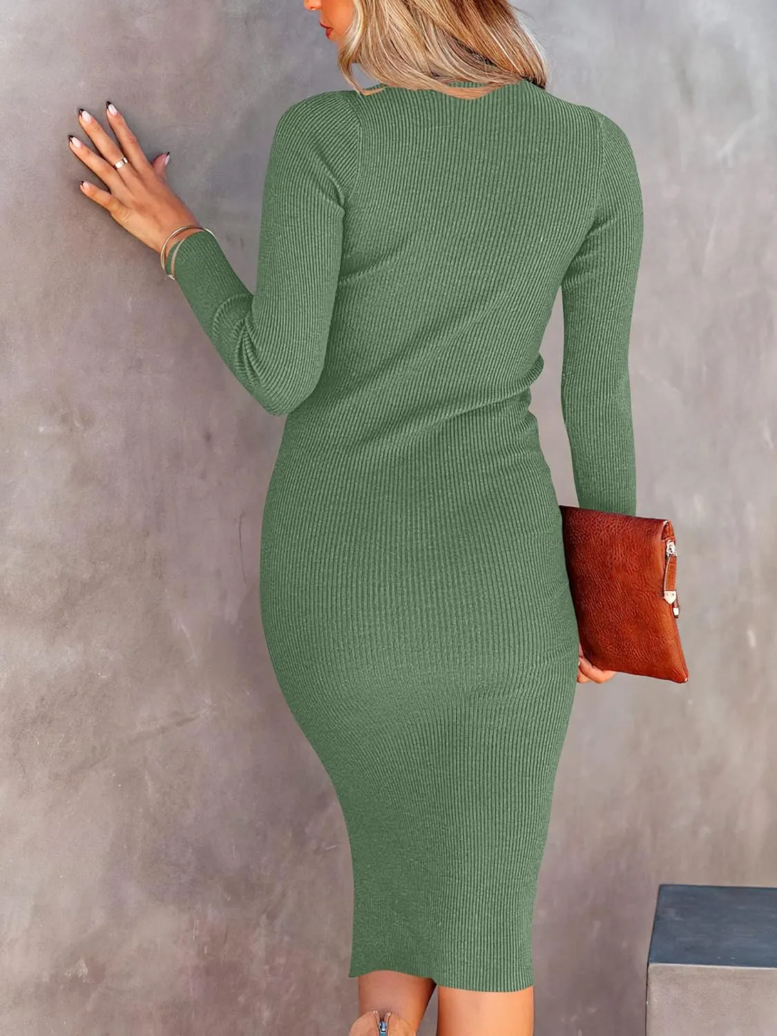 ANRABESS Women Long Sleeve Turtleneck Slim Fit Ribbed Knit Slit Cocktail Party Sweater Midi Dress 2024 Trendy Fall Outfits