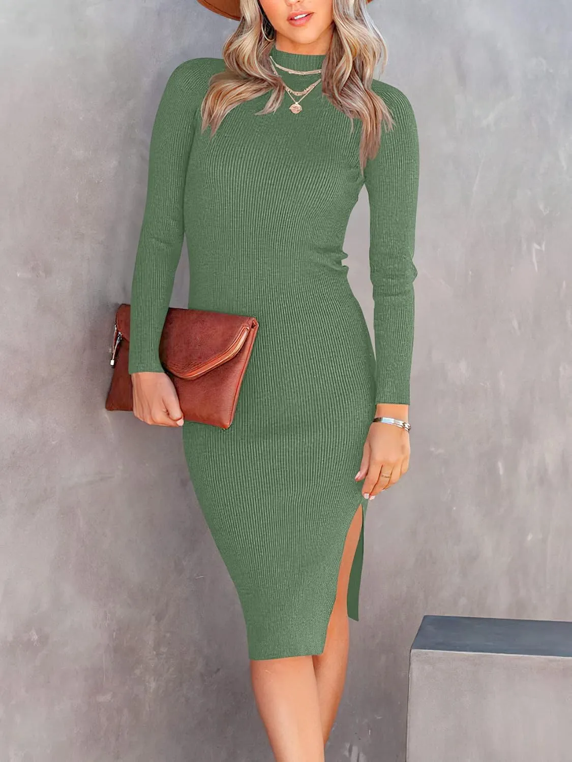 ANRABESS Women Long Sleeve Turtleneck Slim Fit Ribbed Knit Slit Cocktail Party Sweater Midi Dress 2024 Trendy Fall Outfits