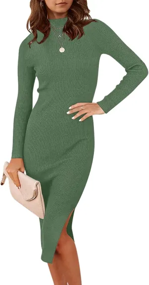 ANRABESS Women Long Sleeve Turtleneck Slim Fit Ribbed Knit Slit Cocktail Party Sweater Midi Dress 2024 Trendy Fall Outfits