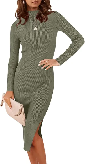 ANRABESS Women Long Sleeve Turtleneck Slim Fit Ribbed Knit Slit Cocktail Party Sweater Midi Dress 2024 Trendy Fall Outfits