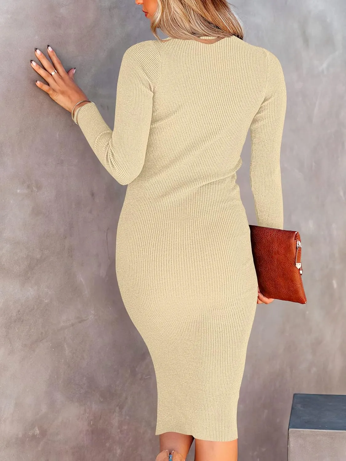 ANRABESS Women Long Sleeve Turtleneck Slim Fit Ribbed Knit Slit Cocktail Party Sweater Midi Dress 2024 Trendy Fall Outfits