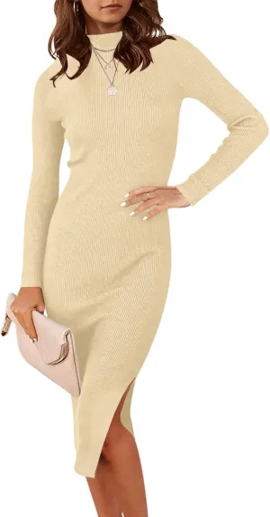 ANRABESS Women Long Sleeve Turtleneck Slim Fit Ribbed Knit Slit Cocktail Party Sweater Midi Dress 2024 Trendy Fall Outfits