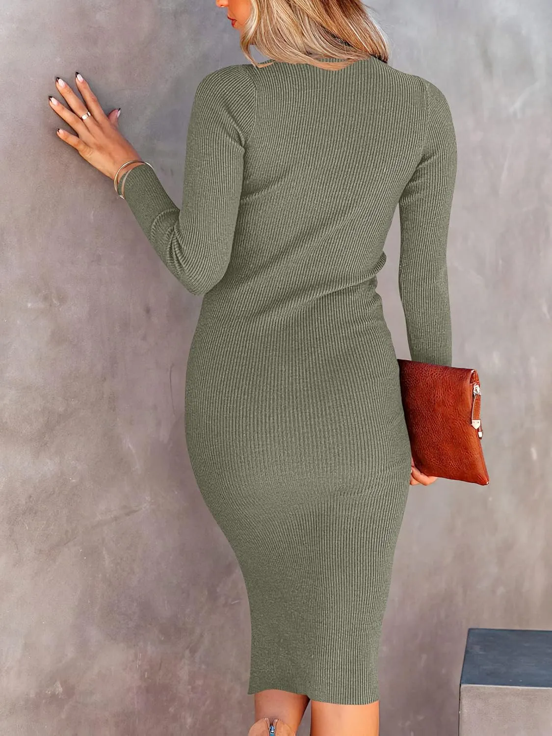 ANRABESS Women Long Sleeve Turtleneck Slim Fit Ribbed Knit Slit Cocktail Party Sweater Midi Dress 2024 Trendy Fall Outfits