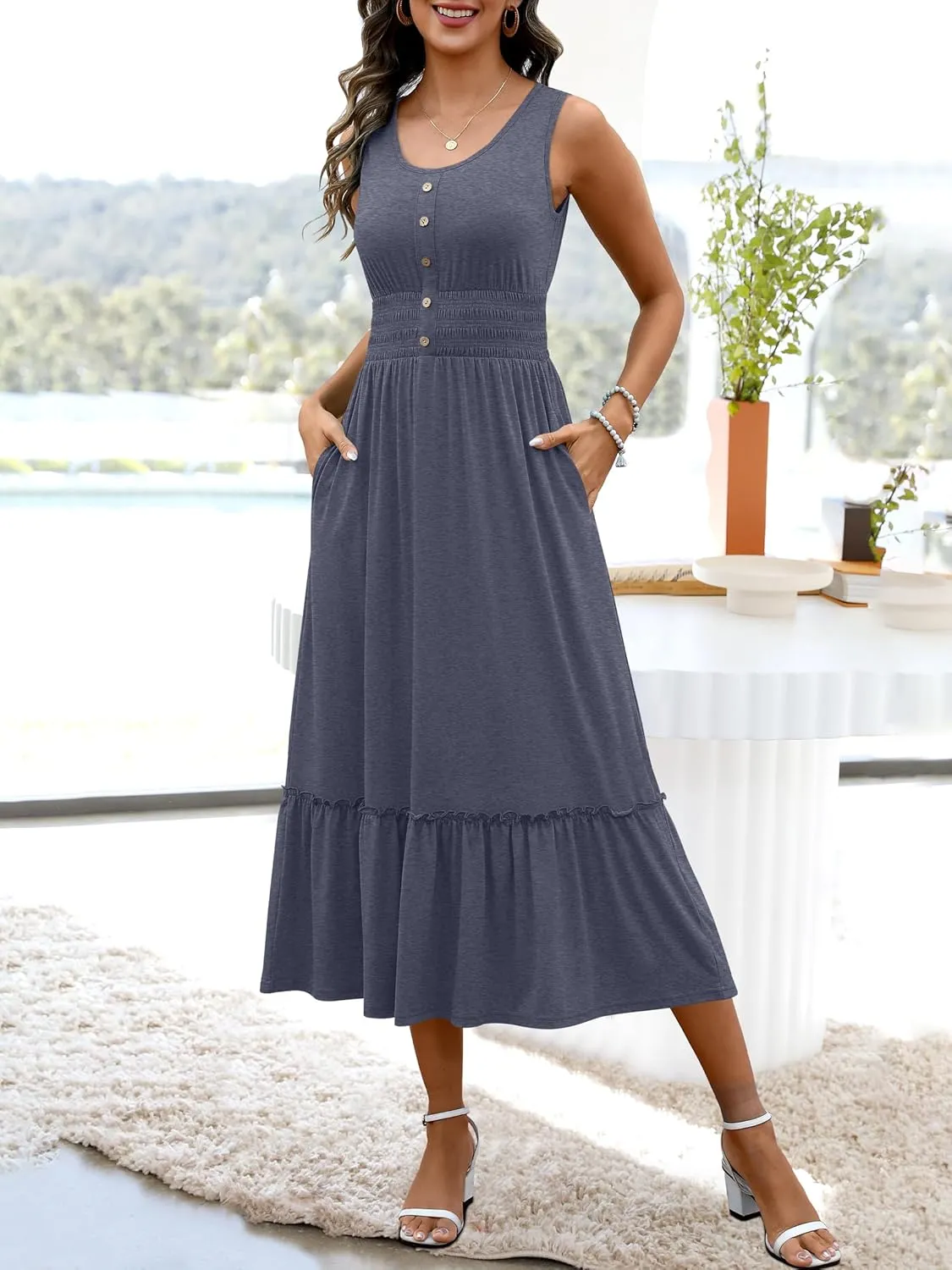 ANRABESS Womens Smocked Empire Waist Maxi Dress 2025 Summer Sleeveless Button Down A-Line Casual Beach Vacation Sundress