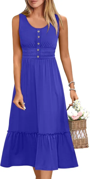 ANRABESS Womens Smocked Empire Waist Maxi Dress 2025 Summer Sleeveless Button Down A-Line Casual Beach Vacation Sundress