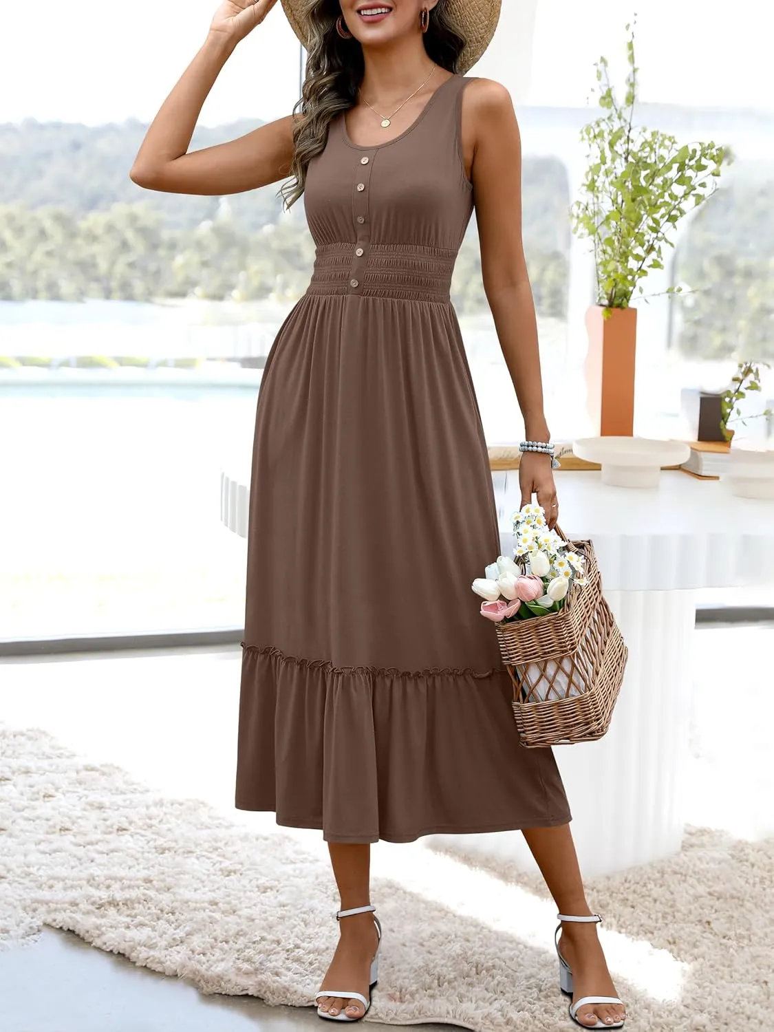 ANRABESS Womens Smocked Empire Waist Maxi Dress 2025 Summer Sleeveless Button Down A-Line Casual Beach Vacation Sundress