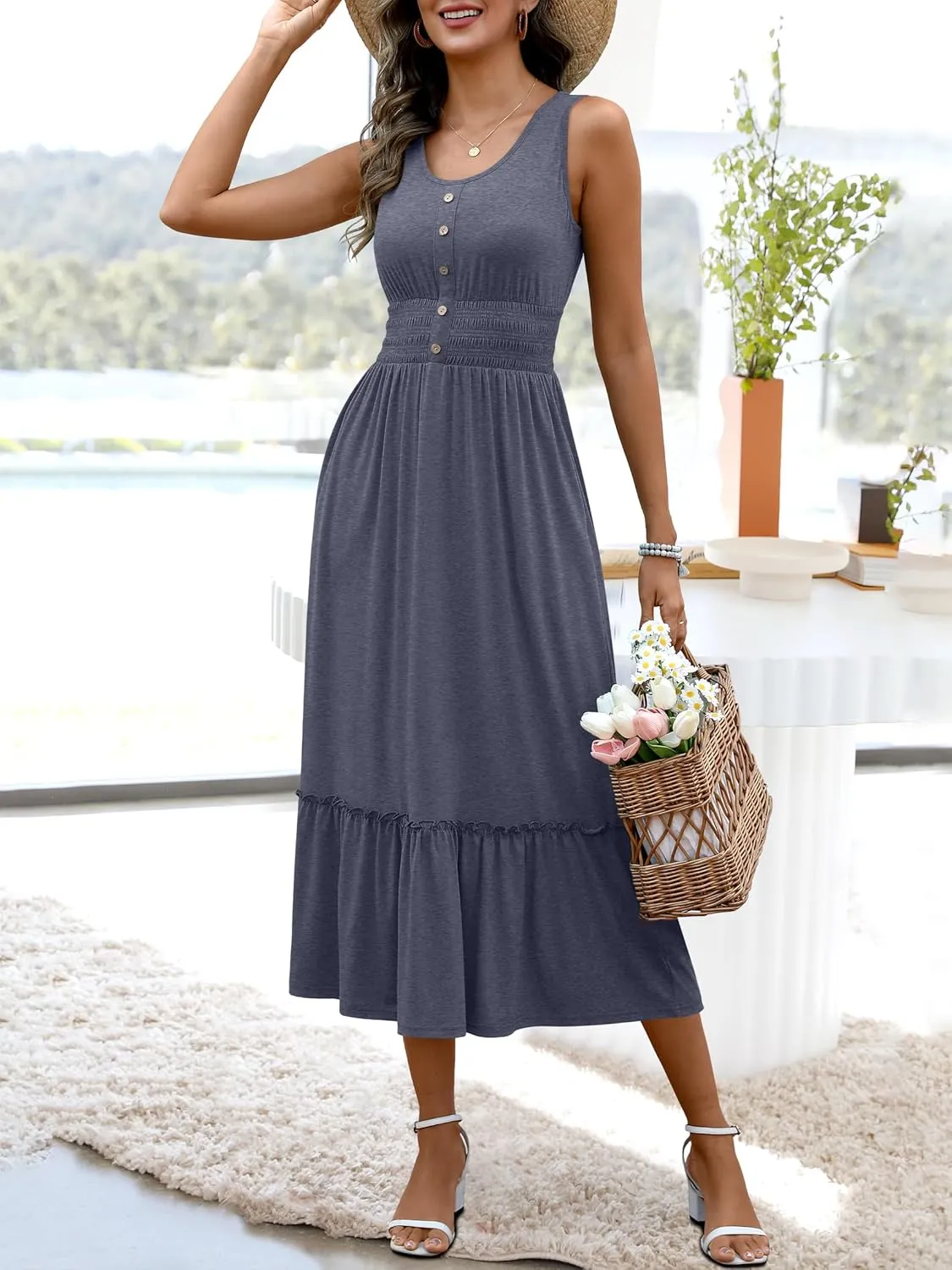 ANRABESS Womens Smocked Empire Waist Maxi Dress 2025 Summer Sleeveless Button Down A-Line Casual Beach Vacation Sundress