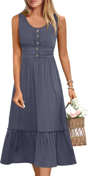 ANRABESS Womens Smocked Empire Waist Maxi Dress 2025 Summer Sleeveless Button Down A-Line Casual Beach Vacation Sundress