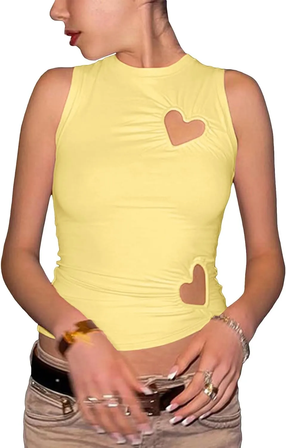 BAIGRAM Women Y2K Asymmetric Cutout Metal Heart High Neck Crop Tank Tops Sleeveless Slim Fit Grunge Harajuku Summer Vest Girl
