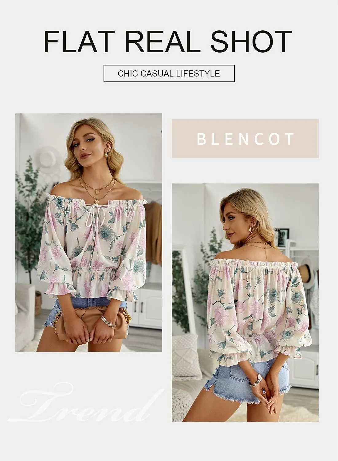 BLENCOT Summer Sexy Off Shoulder Tops for Women Boho Ruffle Sleeve Floral Chiffon Shirts Blouses