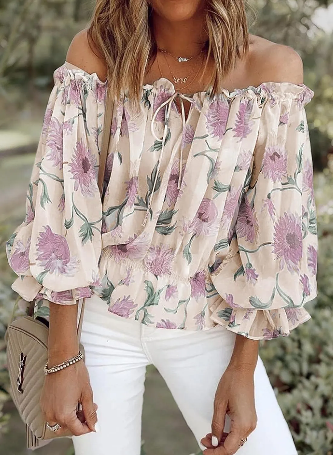 BLENCOT Summer Sexy Off Shoulder Tops for Women Boho Ruffle Sleeve Floral Chiffon Shirts Blouses