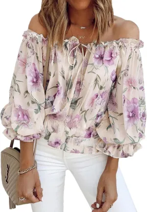 BLENCOT Summer Sexy Off Shoulder Tops for Women Boho Ruffle Sleeve Floral Chiffon Shirts Blouses