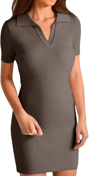 Boho Dresses for Women 2025 Summer Short Sleeve Dress V Neck Bodycon Dresses Rib Knited Stretch Casual Mini Dress