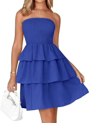 BTFBM 2025 Womens Summer Smocked Tube Dress Off Shoulder Strapless Casual Sundress Tiered Mini Beach Vacation Dresses