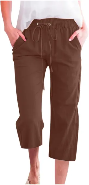 Cotton Linen Pants for Women Casual Baggy Wide Leg Pants Lightweight Drawstring Trousers Lounge Pants with Pockets