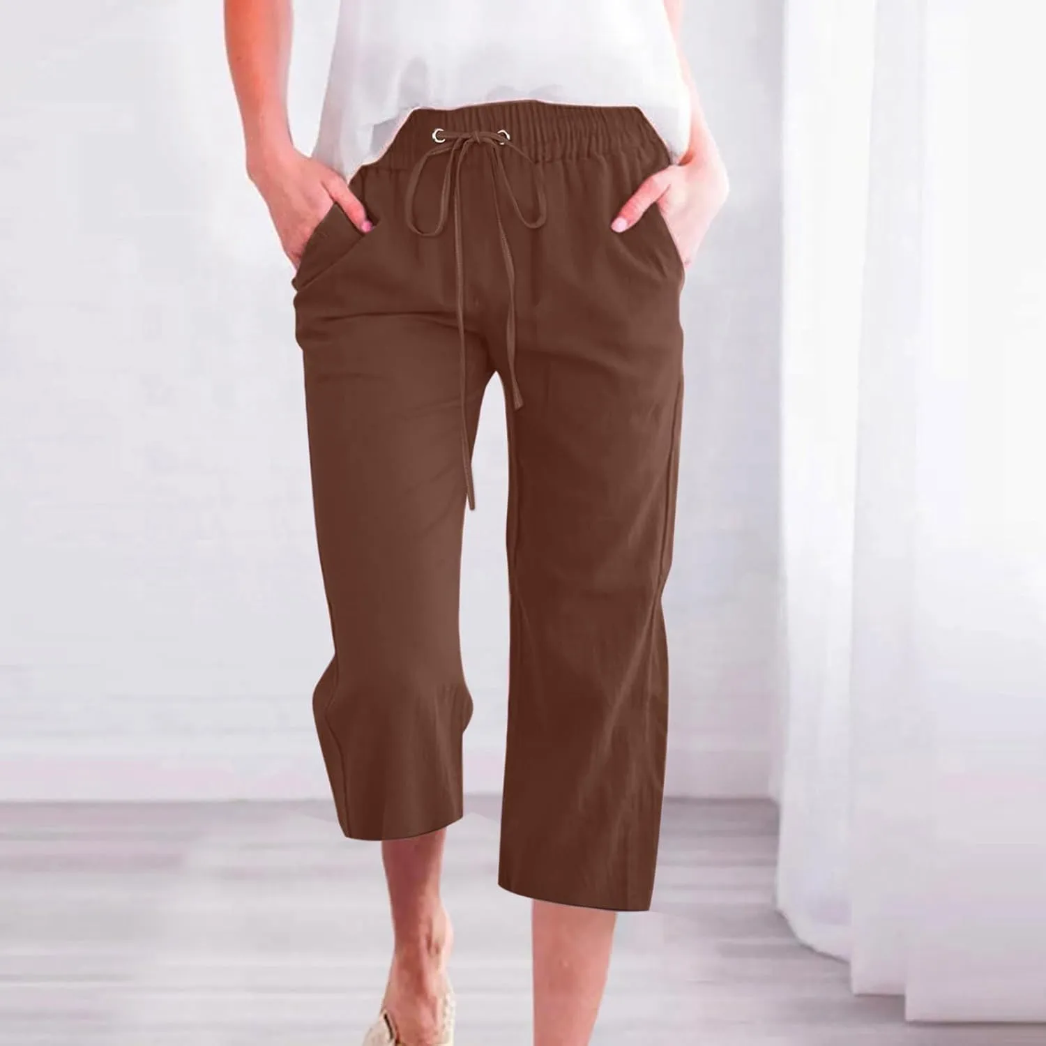 Cotton Linen Pants for Women Casual Baggy Wide Leg Pants Lightweight Drawstring Trousers Lounge Pants with Pockets