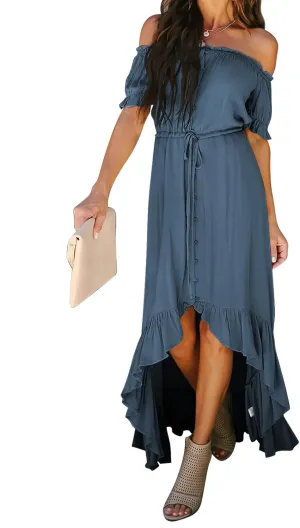 Dokotoo Womens 2025 Off The Shoulder Casual Short Sleeve Maxi Dress High Low Solid Cocktail Skater Dresses