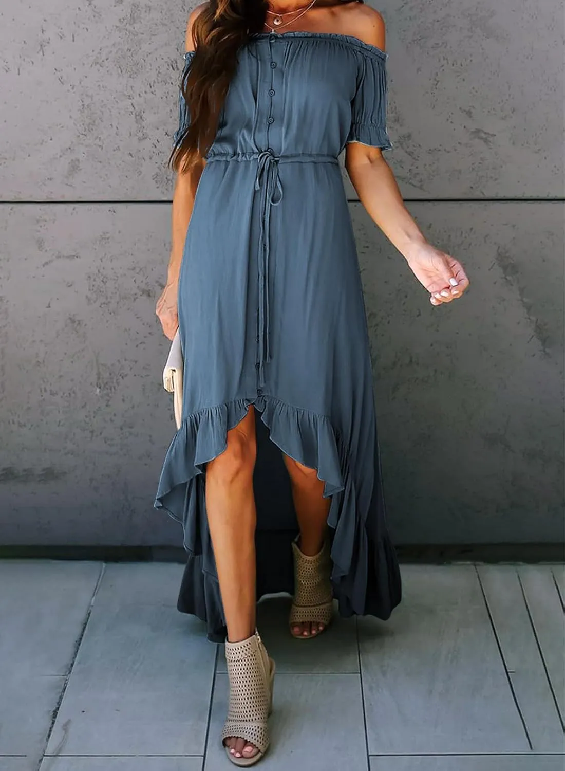 Dokotoo Womens 2025 Off The Shoulder Casual Short Sleeve Maxi Dress High Low Solid Cocktail Skater Dresses