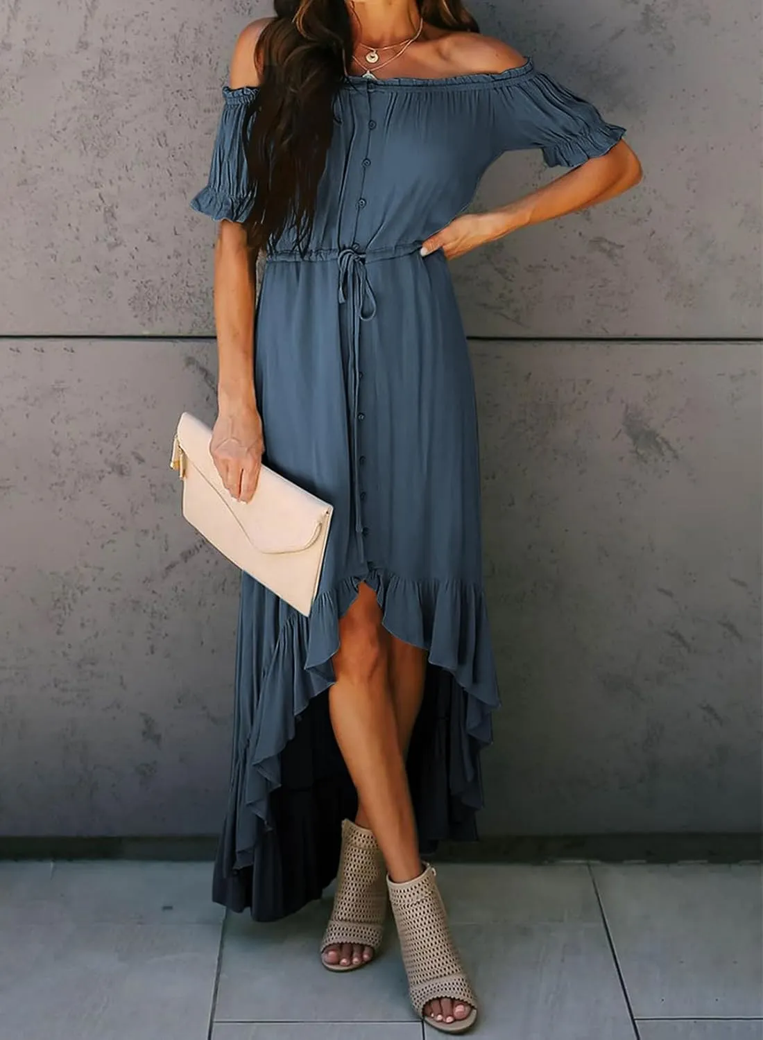 Dokotoo Womens 2025 Off The Shoulder Casual Short Sleeve Maxi Dress High Low Solid Cocktail Skater Dresses