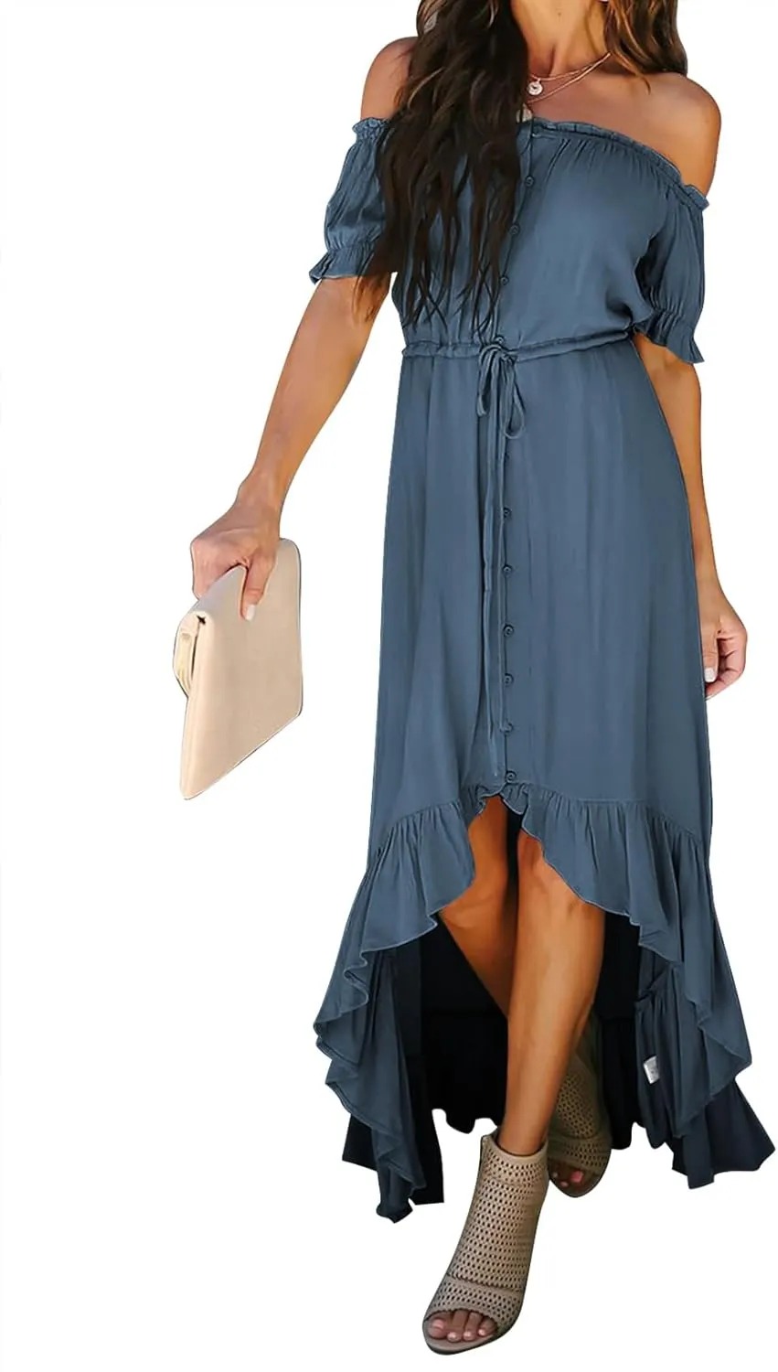 Dokotoo Womens 2025 Off The Shoulder Casual Short Sleeve Maxi Dress High Low Solid Cocktail Skater Dresses