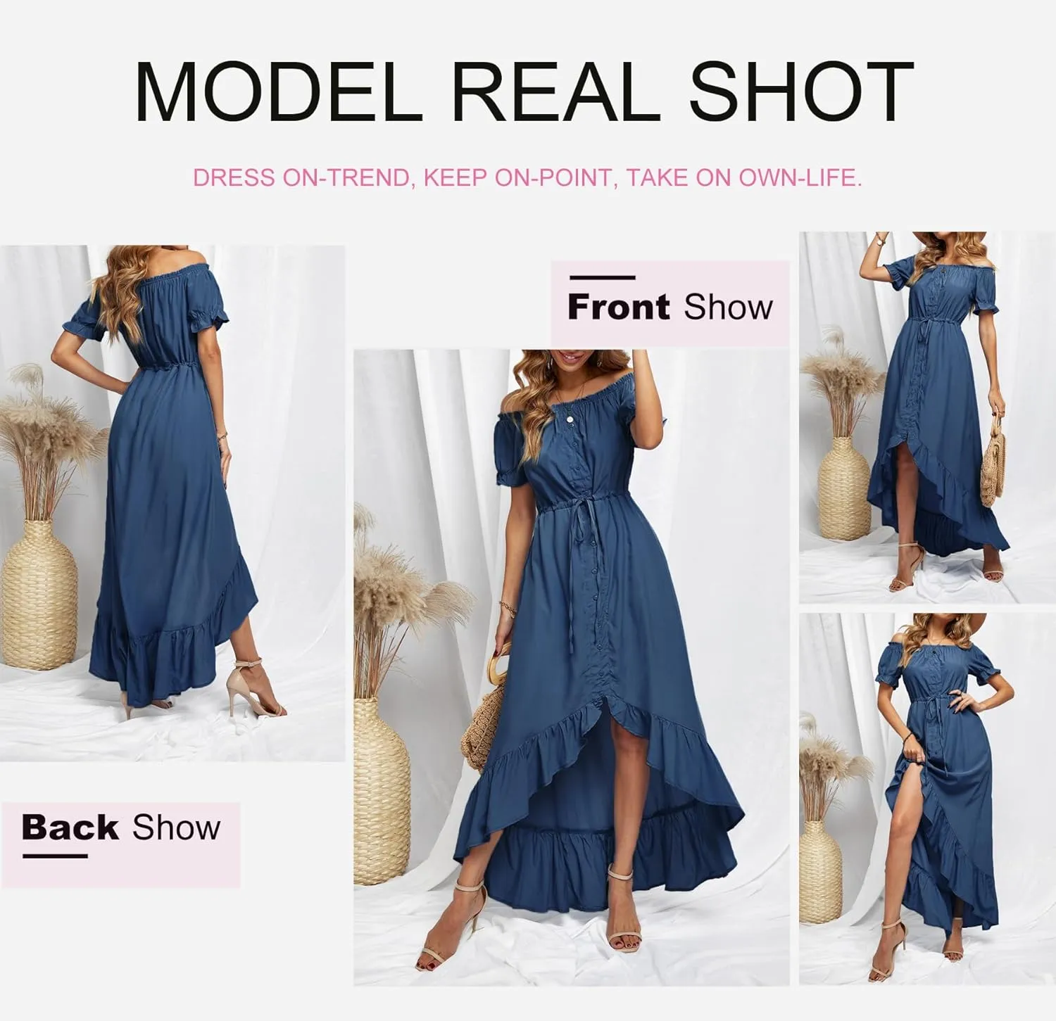 Dokotoo Womens 2025 Off The Shoulder Casual Short Sleeve Maxi Dress High Low Solid Cocktail Skater Dresses