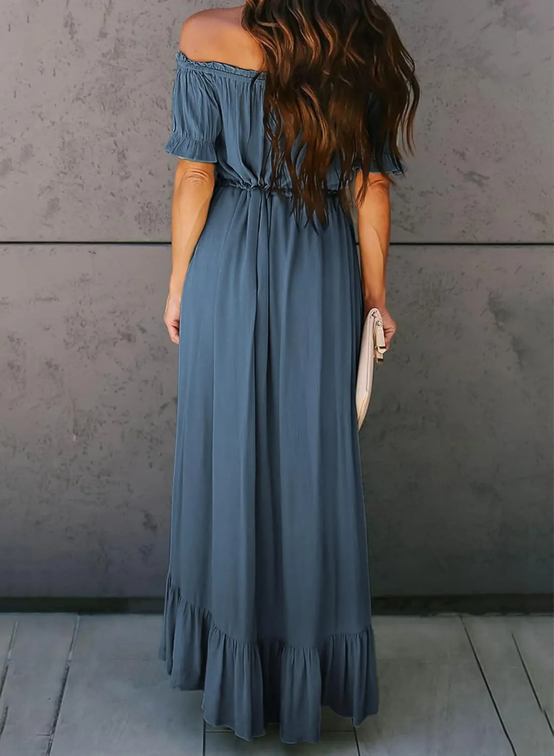 Dokotoo Womens 2025 Off The Shoulder Casual Short Sleeve Maxi Dress High Low Solid Cocktail Skater Dresses