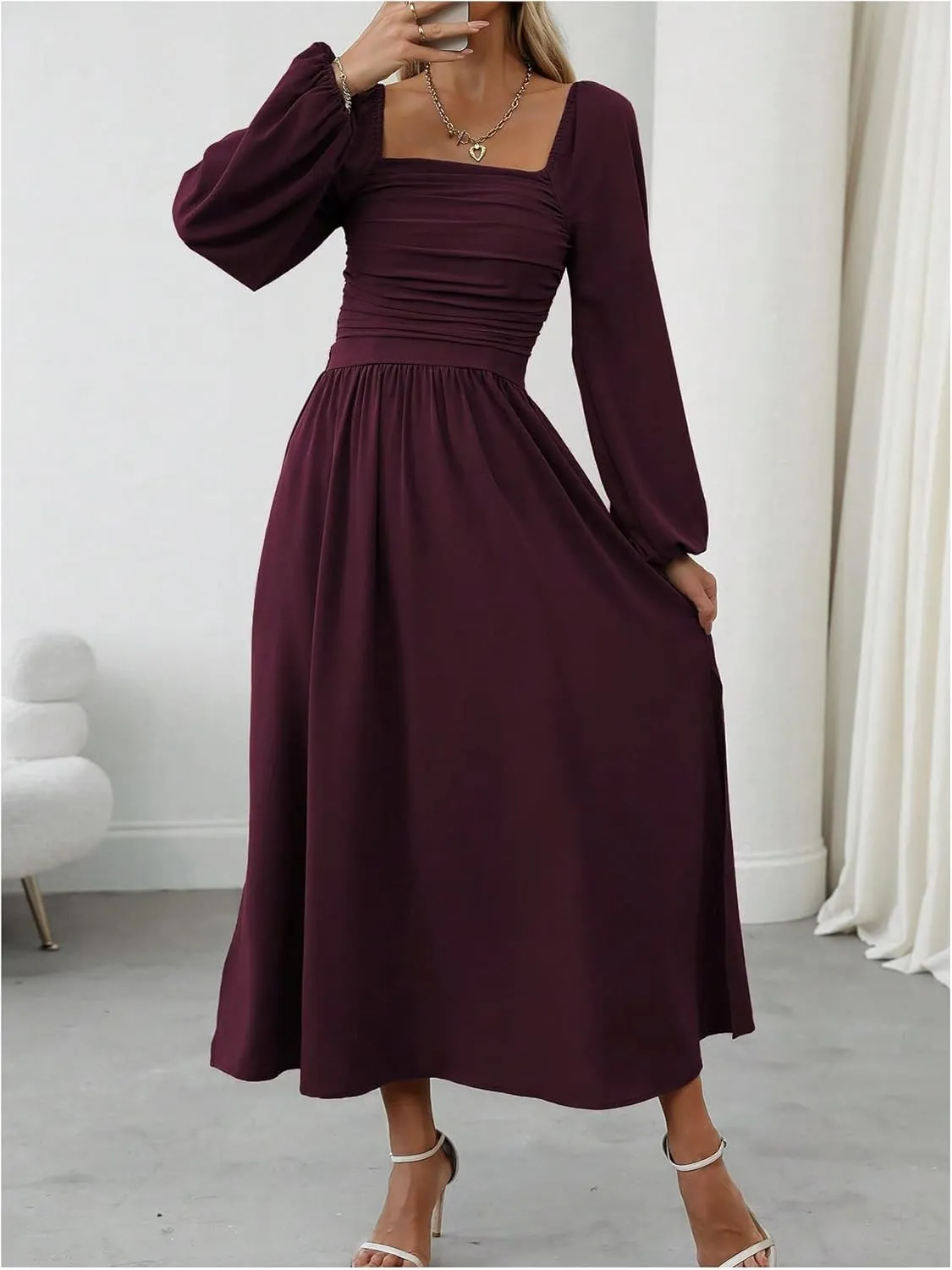 Floerns Women's Square Neck Lantern Long Sleeve Dress Split Ruched Party Midi Dresses