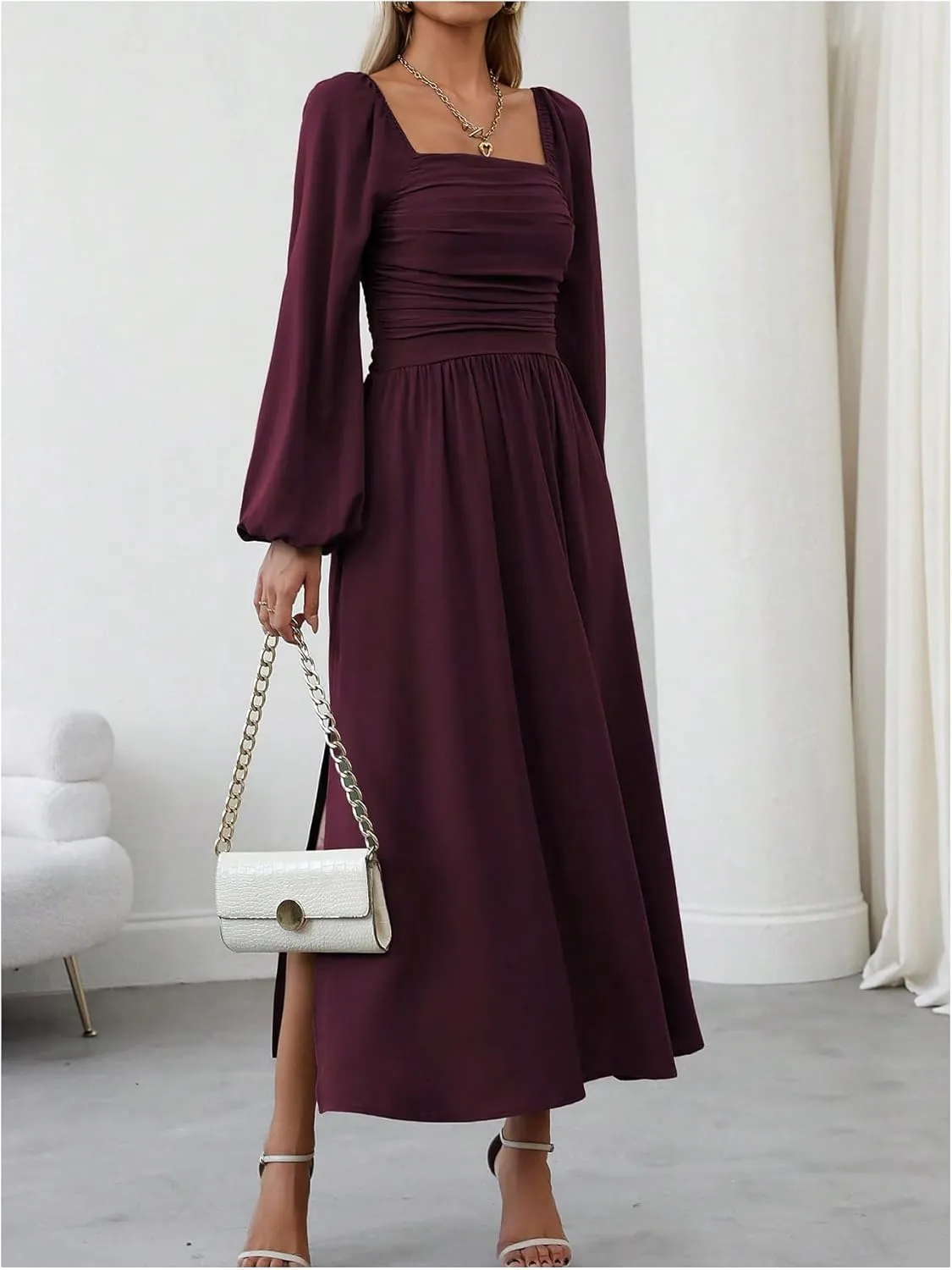 Floerns Women's Square Neck Lantern Long Sleeve Dress Split Ruched Party Midi Dresses