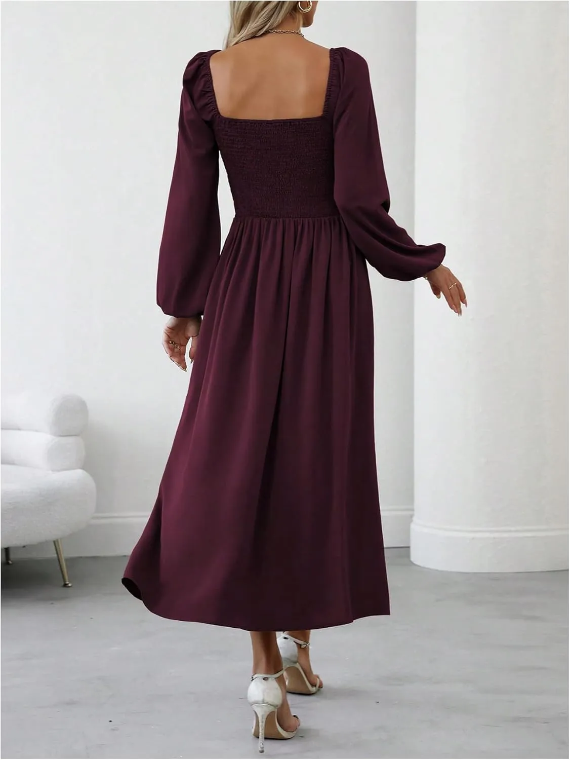 Floerns Women's Square Neck Lantern Long Sleeve Dress Split Ruched Party Midi Dresses