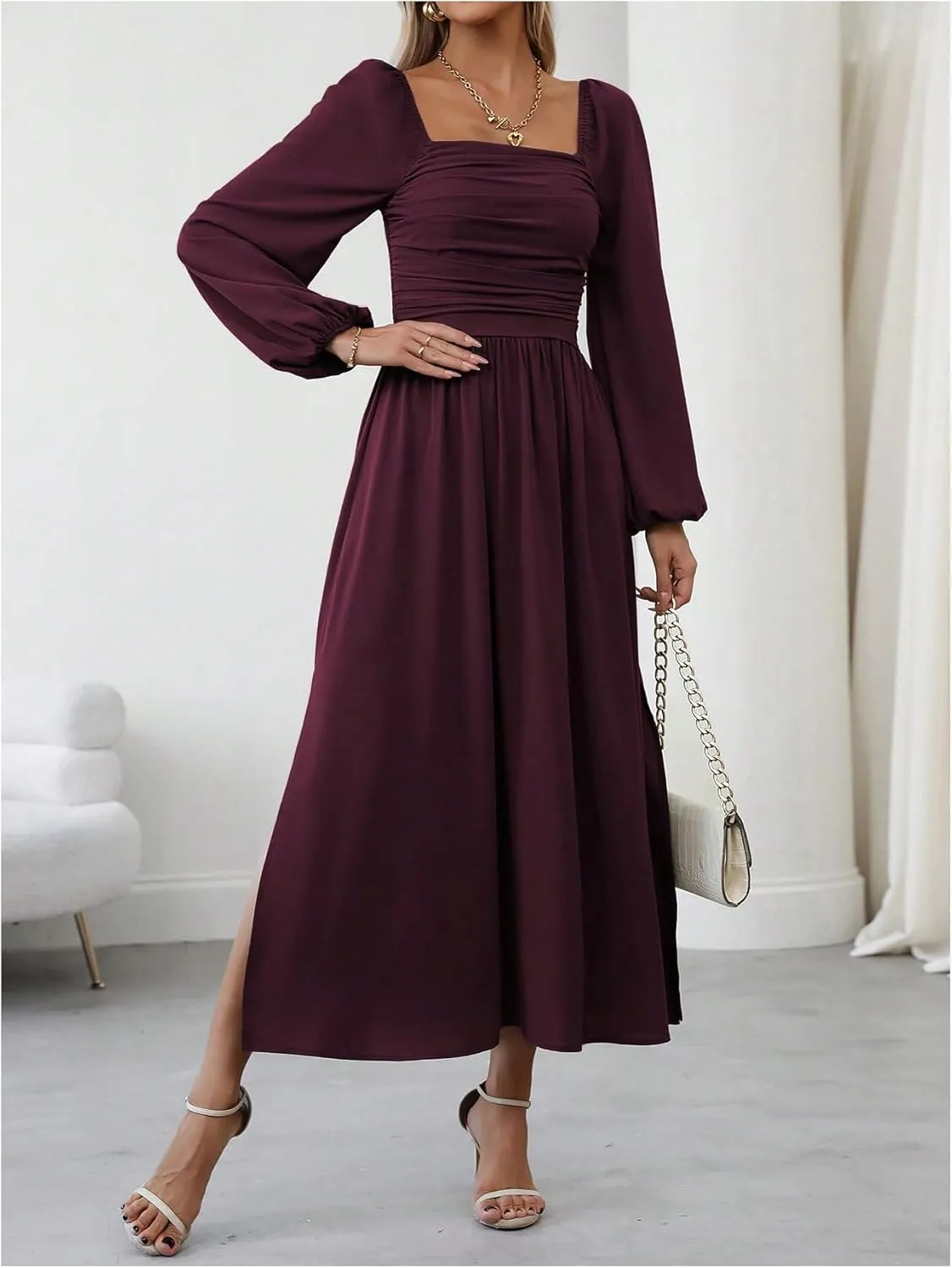 Floerns Women's Square Neck Lantern Long Sleeve Dress Split Ruched Party Midi Dresses