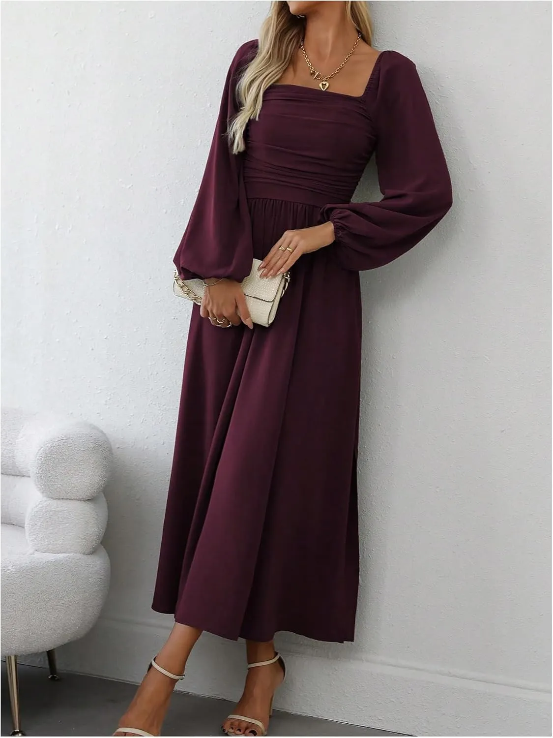 Floerns Women's Square Neck Lantern Long Sleeve Dress Split Ruched Party Midi Dresses