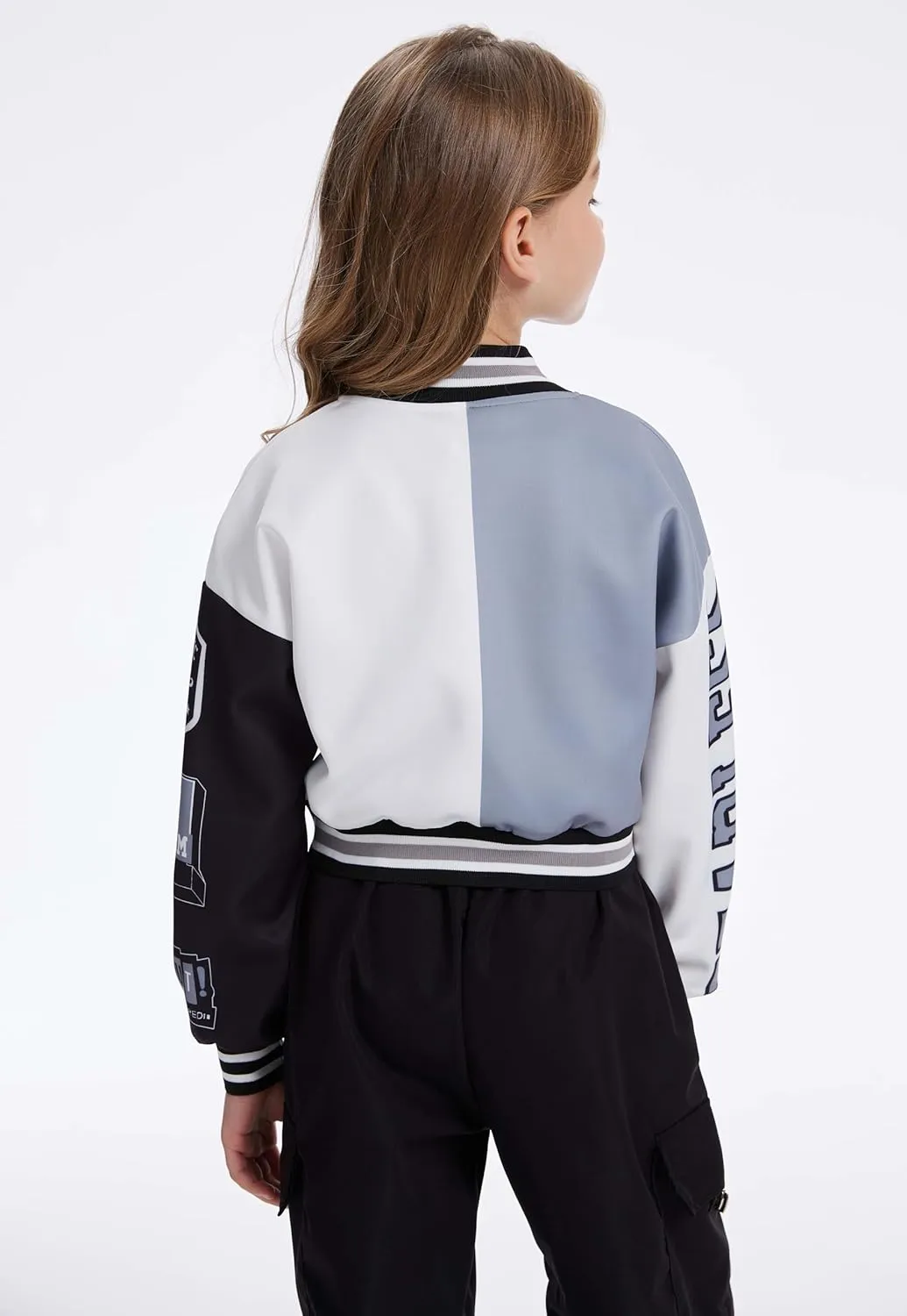 Girls Crop Varsity Jacket Print Color Block Bomber Jacket Casual Button Down Baseball Coats