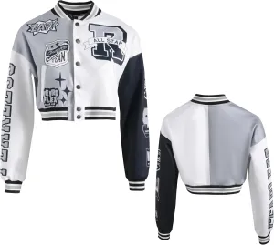 Girls Crop Varsity Jacket Print Color Block Bomber Jacket Casual Button Down Baseball Coats