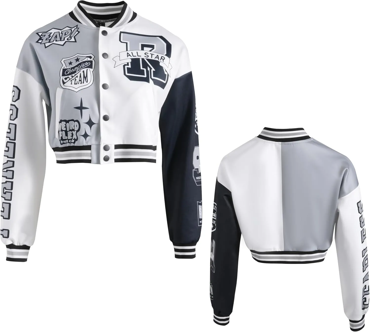 Girls Crop Varsity Jacket Print Color Block Bomber Jacket Casual Button Down Baseball Coats