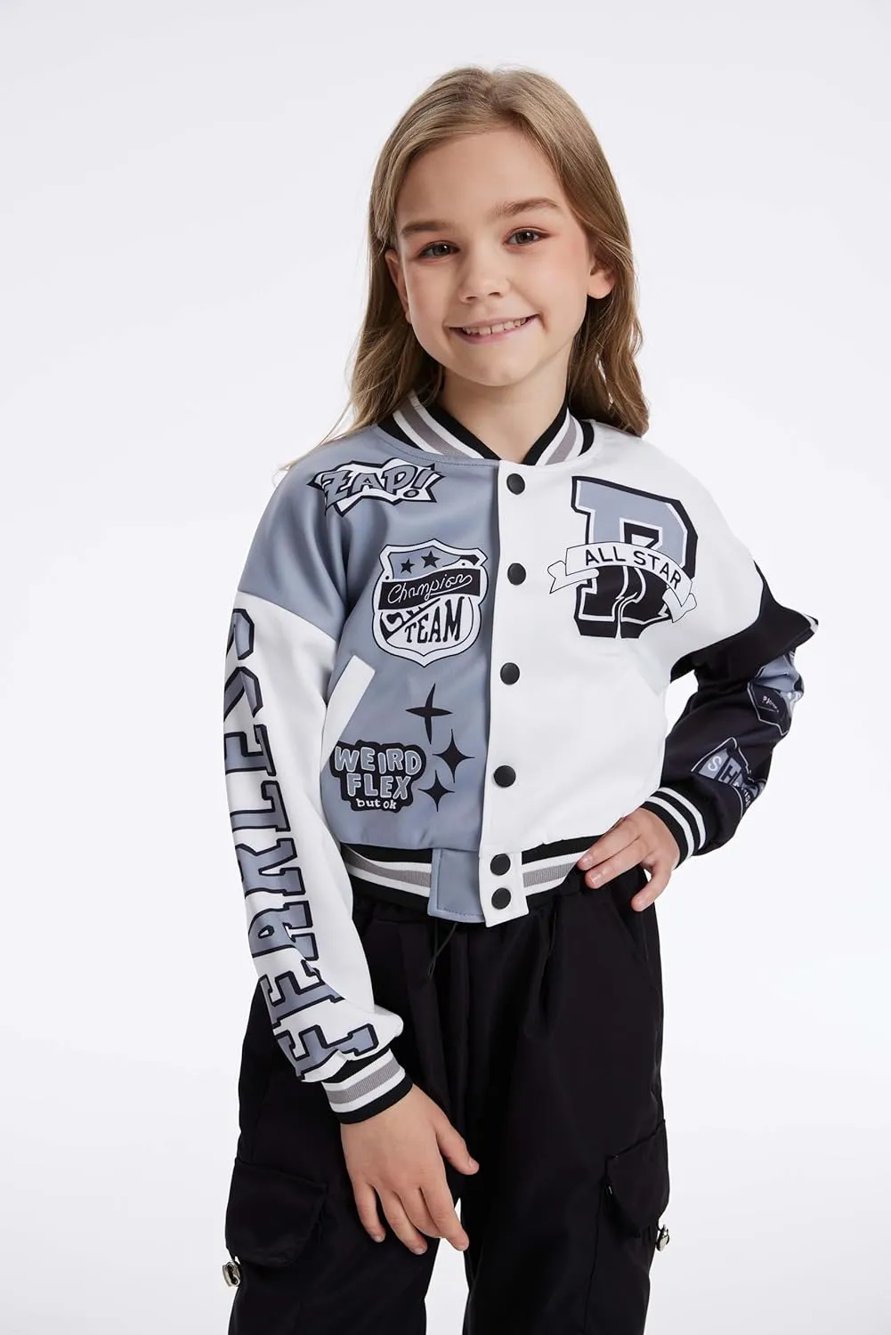 Girls Crop Varsity Jacket Print Color Block Bomber Jacket Casual Button Down Baseball Coats