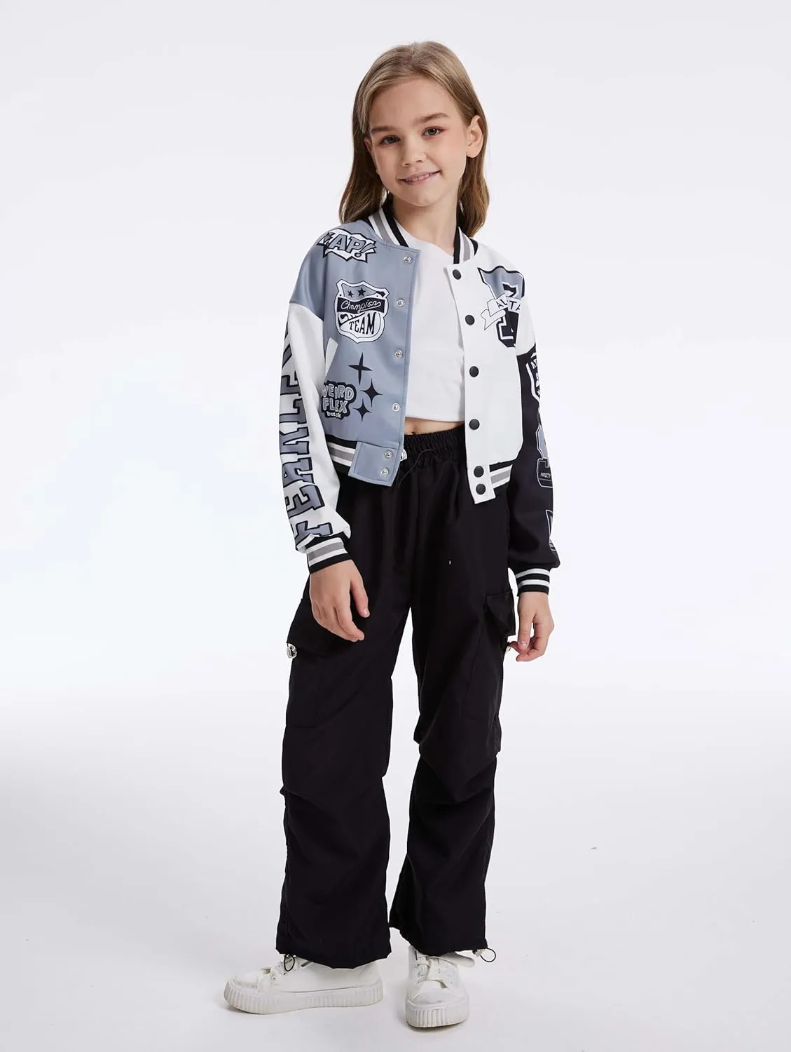 Girls Crop Varsity Jacket Print Color Block Bomber Jacket Casual Button Down Baseball Coats