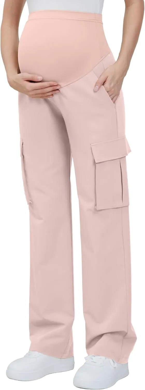 GLAMIX Women's Maternity Cargo Pants with Four Pockets Over The Belly Scrub Pants Pregnancy Clothes