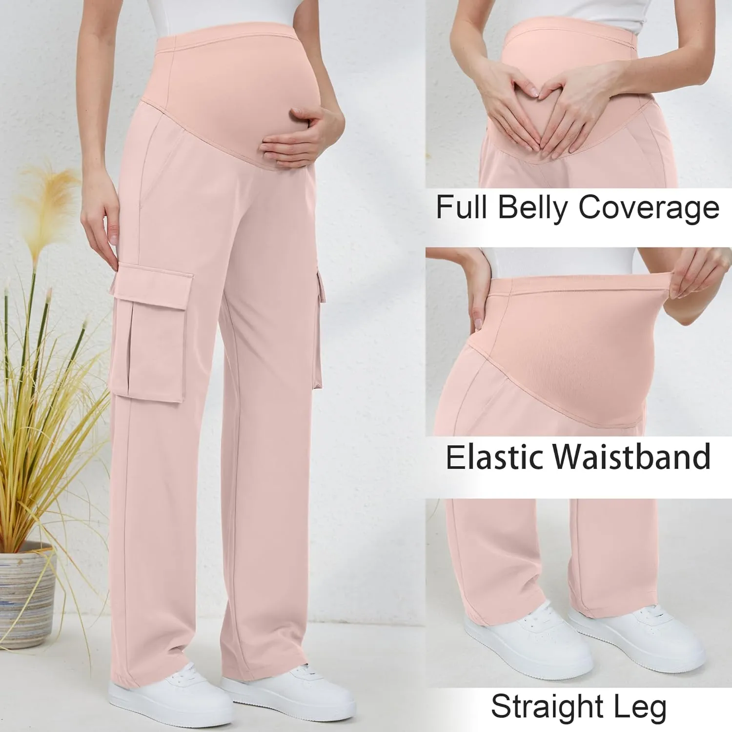 GLAMIX Women's Maternity Cargo Pants with Four Pockets Over The Belly Scrub Pants Pregnancy Clothes
