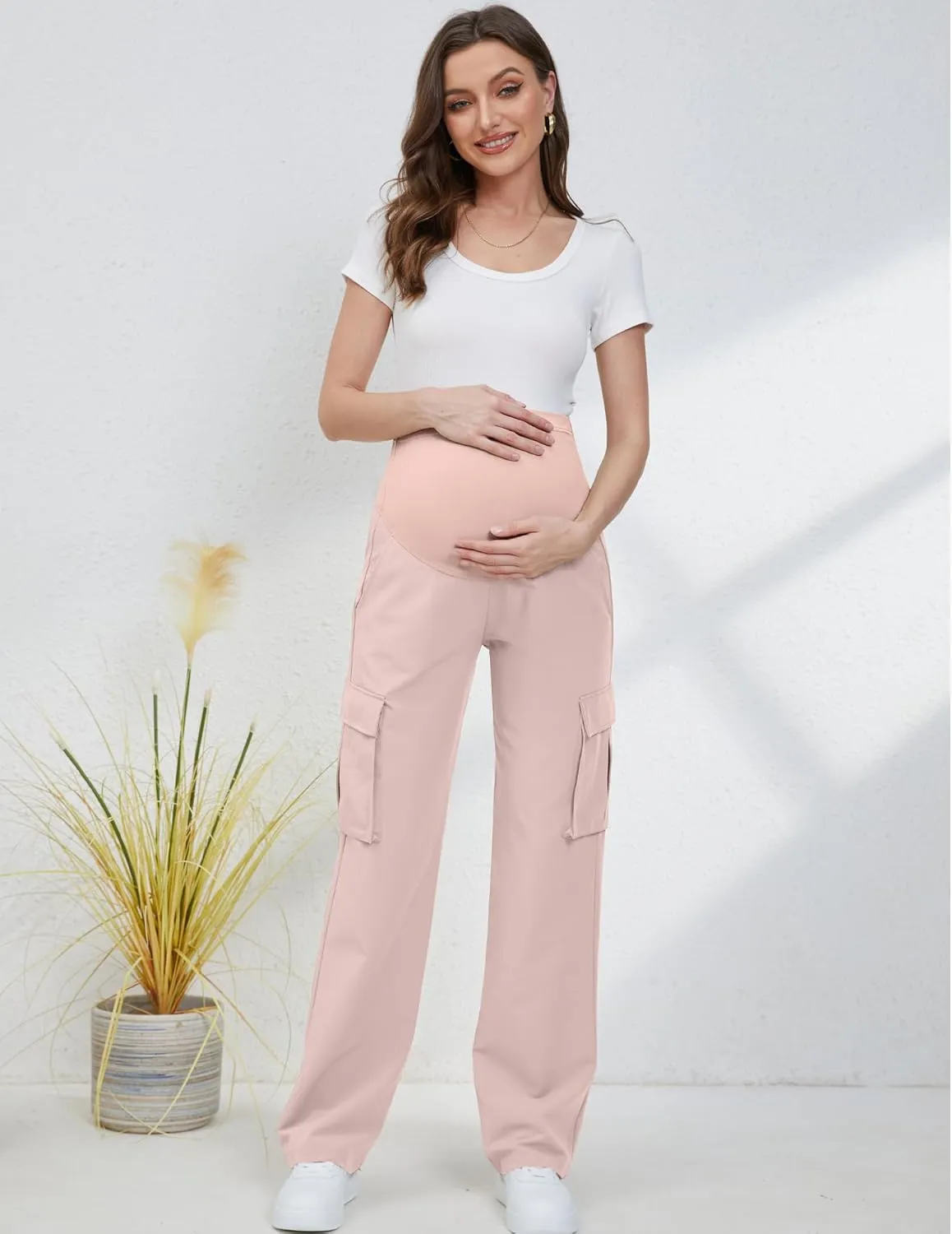GLAMIX Women's Maternity Cargo Pants with Four Pockets Over The Belly Scrub Pants Pregnancy Clothes