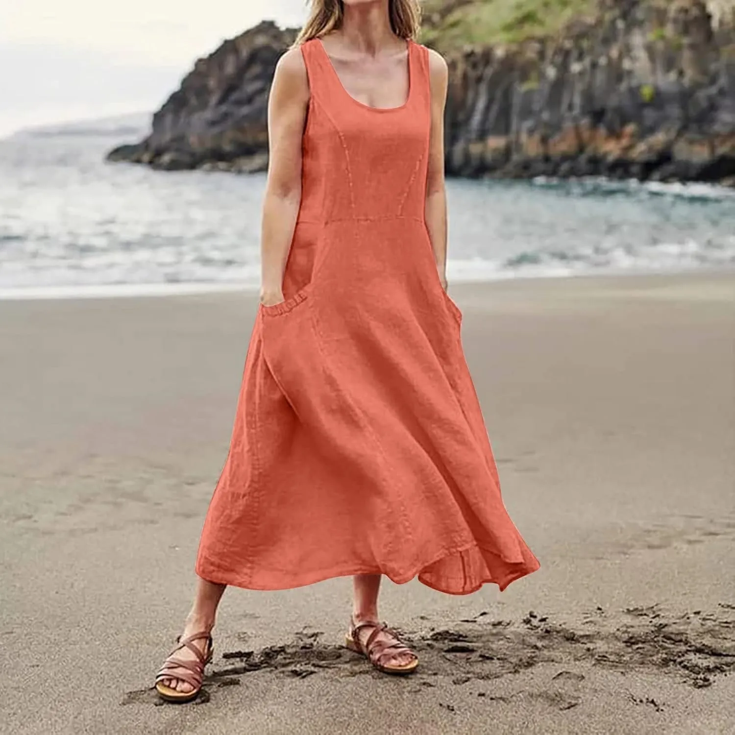 HXHYQKP Plus Size Dresses for Curvy Women - Sleeveless Summer Maxi Sun Dresses with Pockets