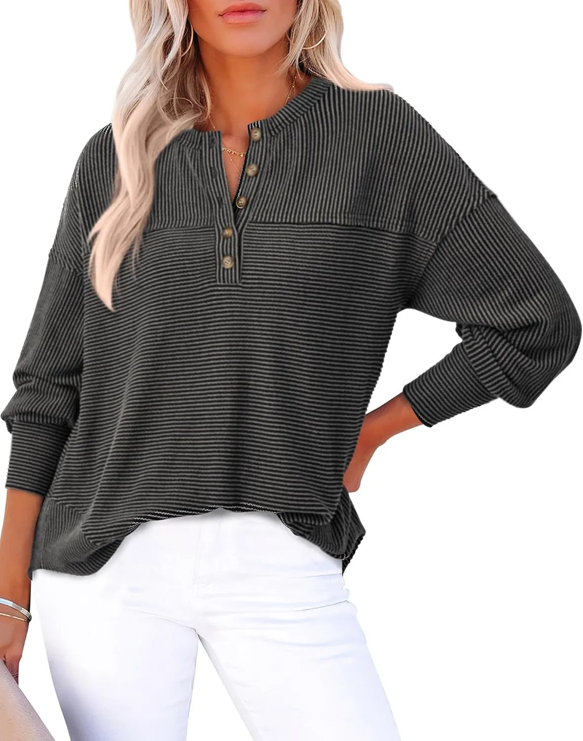 KIRUNDO Spring Tops for Women Henley Shirts 2025 Ribbed Knit Long Sleeve Tunic Button V Neck Loose Casual Blouse Clothing